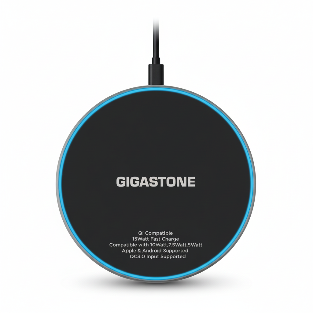 GIGASTONE 15W快充無線充電盤｜LED指示燈/支援iPhone、AirPods、安卓手機、藍牙耳機